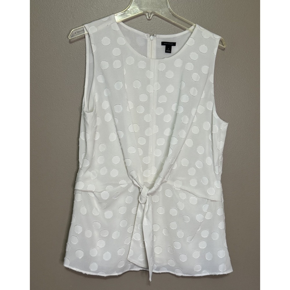 ANN TAYLOR Ivory Tonal Dot Sleeveless Lined Twist Front Shirt Size 12